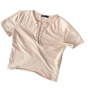 Zara Short Sleeve V-Neck Snap Front Beige Tee T-Shirt Cropped Size Small